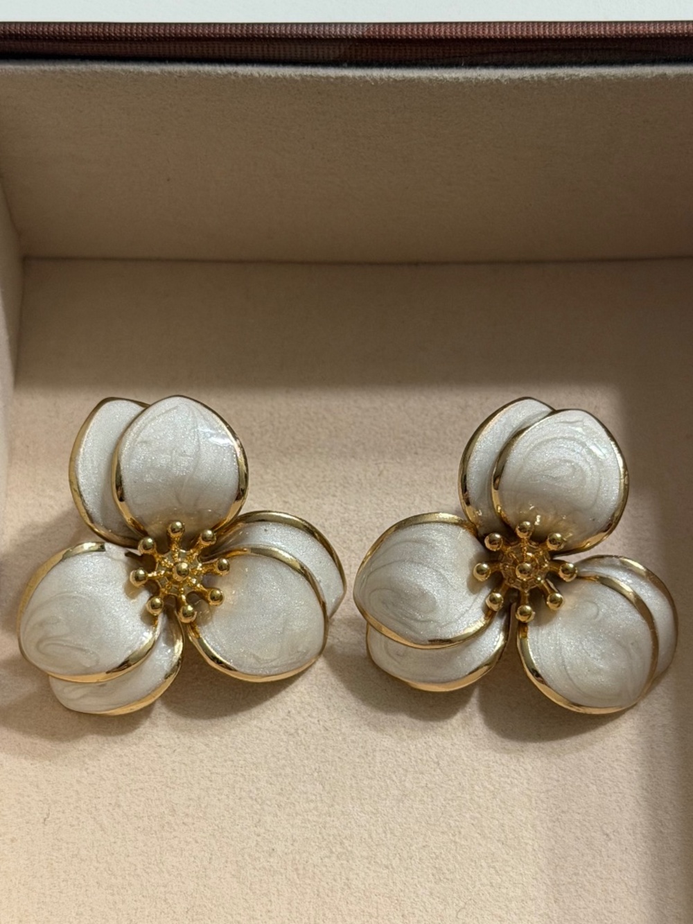 Golden Ivory White 3-Petal Flower Enamel Statement Earrings